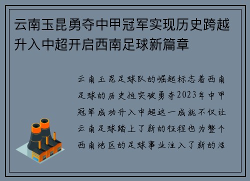 云南玉昆勇夺中甲冠军实现历史跨越升入中超开启西南足球新篇章