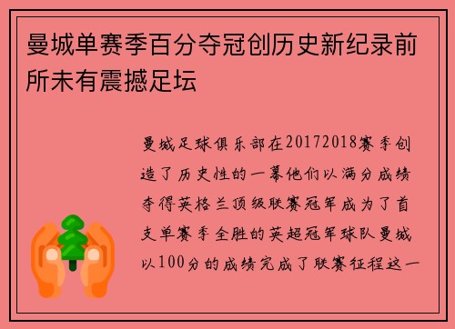 曼城单赛季百分夺冠创历史新纪录前所未有震撼足坛